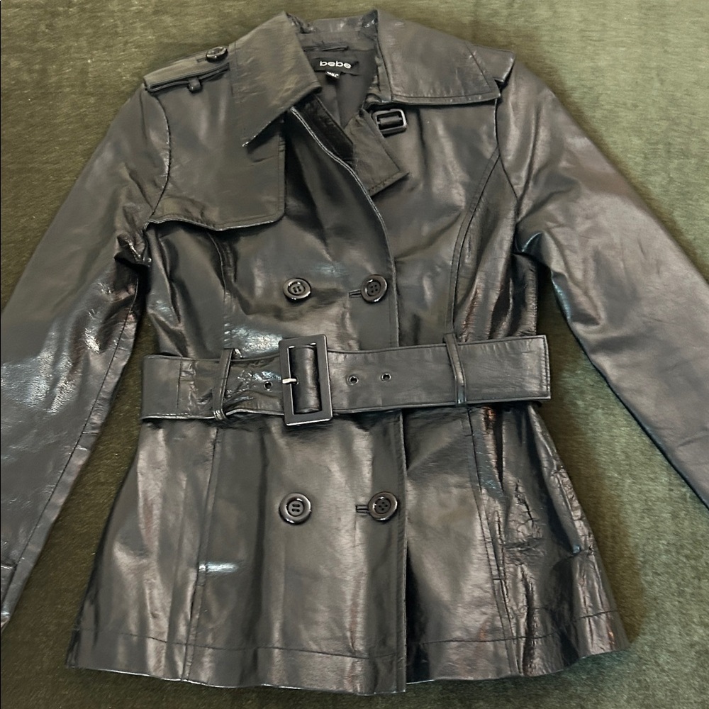Bebe Black Double-Breasted Leather Trench Coat